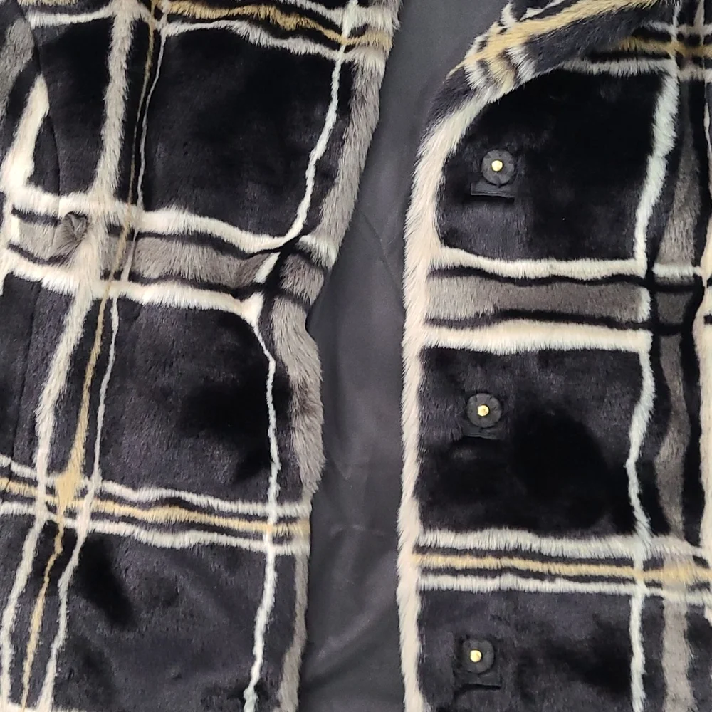 ISAAC MIZRAHI LIVE Faux Fur Dress Coat plaid, long Sz L - Picture 8 of 8